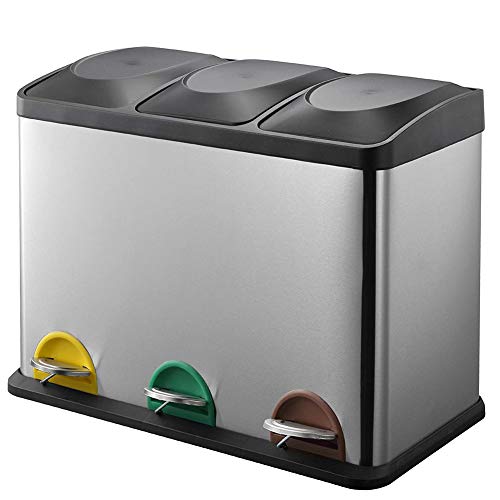 BAKAJI Mülleimer zur Mülltrennung aus Edelstahl und Kunststoff mit Fächern, herausnehmbarer Mülleimer mit Pedalöffnung, für Haus, Küche und Außenbereich, 3 x 15 l (45 Liter) von BAKAJI