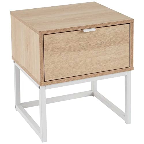 BAKAJI Nachttisch, Schlafzimmer, Möbelstück mit Schublade, niedriger Seitentisch, Sofa, modernes Design, aus MDF-Holz, Füße aus Metall, Farbe Weiß, Eiche, Größe 47 x 35 x 40 cm von BAKAJI