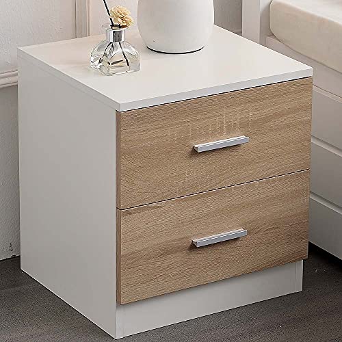 BAKAJI Nachttisch für Schlafzimmer, Kommode mit 2 Schubladen, Metallgriff, modernes Design aus MDF-Holz, Möbel, Hausdekor, Maße: 44 x 40 x 38 cm, Farbe Weiß und Eiche (2 Schubladen) von BAKAJI