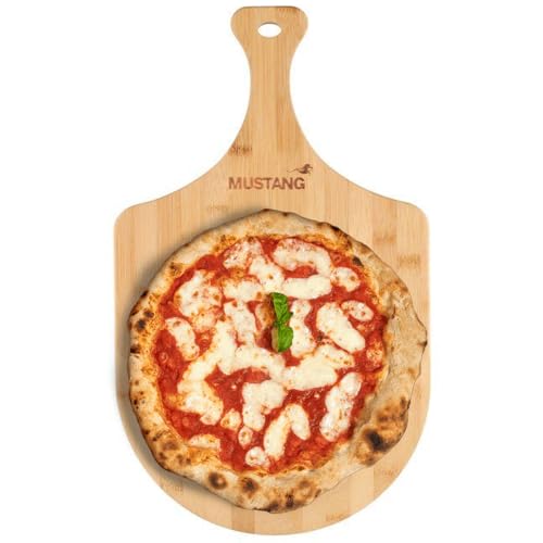 BAKAJI Pizzaschaufel für Backofen, Schneidebrett, Tablett aus Bambusholz mit Griff, 30 x 50 cm, Schneidebrett für Küchenbrot mit Griff von BAKAJI