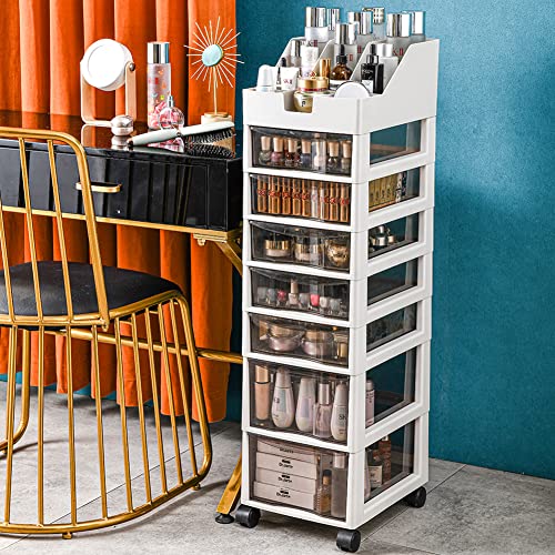 BAKAJI Platzsparende Kommode mit Schubladen, Ablagen aus transparentem Polypropylen, mit 4 Rollen und robuster weißer Struktur, Mehrzweck-Organizer, großes Fassungsvermögen (7 Schubladen) von BAKAJI