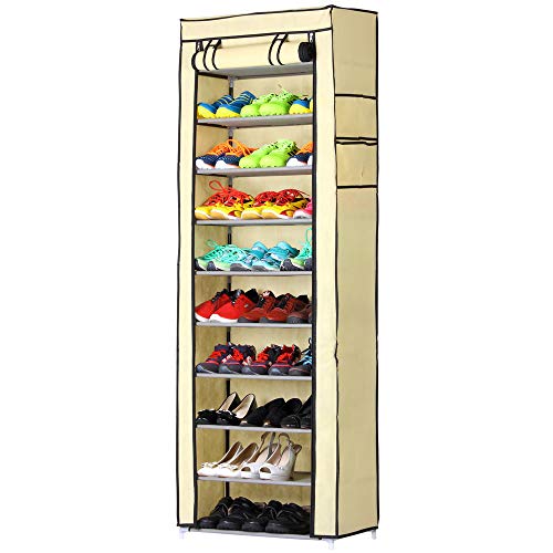 BAKAJI Platzsparender Schuhschrank, 11 Regalböden, 60 x 30 x 175 cm, bis zu 30 Paar Schuhe, Struktur aus Stahl und Bezug aus TNT-Stoff, wasserdicht mit Reißverschluss, staubdicht, Beige von BAKAJI