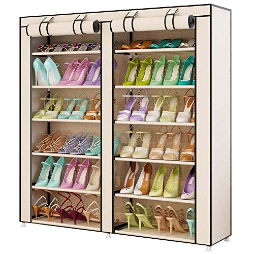 BAKAJI Platzsparender Schuhschrank, 7 Einlegeböden, 115 x 30 x 110 cm, bis zu 36 Paar Schuhe, Gestell aus Stahl und Bezug aus TNT-Stoff, wasserdicht, mit Reißverschluss, staubdicht, (beige) von BAKAJI