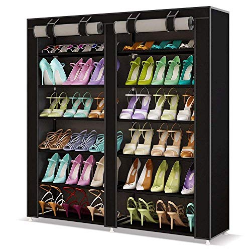 BAKAJI Platzsparender Schuhschrank, 7 Einlegeböden, 115 x 30 x 110 cm, bis zu 36 Paar Schuhe, Gestell aus Stahl und Bezug aus TNT-Stoff, wasserdicht, mit Reißverschluss, staubdicht, (schwarz) von BAKAJI