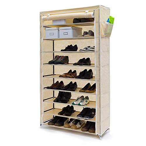 BAKAJI Platzsparender Schuhschrank für 10 Einlegeböden 90 x 30 x 160 cm, bis zu 45 Paar Schuhe, Struktur aus Stahl und Bezug aus TNT-Stoff, wasserdicht, mit Reißverschluss staubdicht (Beige) von BAKAJI