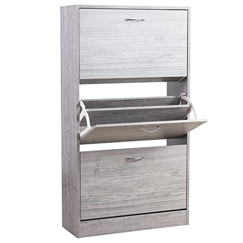 BAKAJI Platzsparender Slim 2 Grau Schuhschrank mit 3 Türen und Schuhablagen mit doppelter Tiefe aus Holz 63 x 24 x 115 cm, Holzwerkstoff BAKAJI Platzsparender Slim 2 Grau Schuhschrank mit 3 Türen und Schuhablagen mit doppelter Tiefe aus Holz 63 x 24 x 115 cm, Holzwerkstoff von BAKAJI