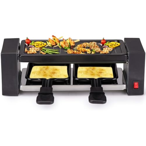 BAKAJI Raclette Gourmet Grill, Leistung 400 W, mit Thermogriff, verbrennungsfest, Grillplatte, Griffe Cold Grip Antihaftbeschichtung, 2 Personen, 2 Fondue-Spatel, Maße 49,5 x 11 x 10 cm von BAKAJI