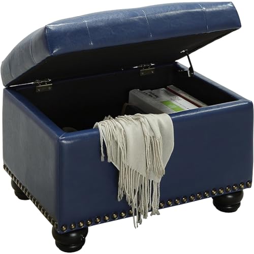 BAKAJI Rechteckiger Sitzhocker mit Innenfach, Aufbewahrungskiste mit gepolstertem Sitz, Hocker aus Holz, Möbel für Wohnzimmer, Schlafzimmer (Blau Kunstleder) von BAKAJI
