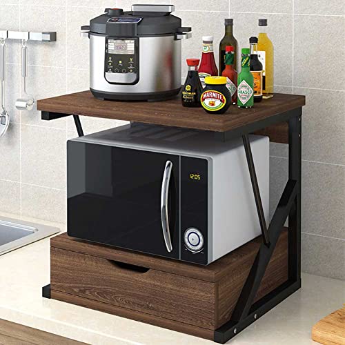 BAKAJI Regal für Mikrowelle, Metallrahmen mit Ablage aus MDF-Holz und Schublade, Organizer, Küchenutensilien, modernes Design, 54 x 35 x 50 cm (Nussbaum) von BAKAJI