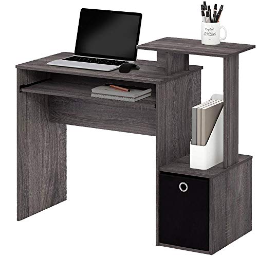 BAKAJI Schreibtisch mit Schublade aus Stoff, Oben, Bücherregal und Tastaturhalter, ausziehbar, Arbeitstisch, PC-Tür aus Holz, MDF, Möbel, Haus, Büro, Schlafzimmer (Grau) von BAKAJI