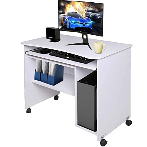 BAKAJI Schreibtisch mit Tastaturhalter und Ablage aus Holz mit weißen Rädern, Unica von BAKAJI