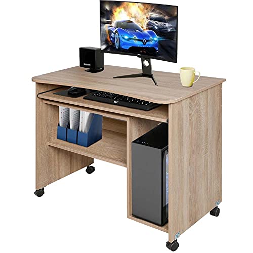 BAKAJI Schreibtisch mit ausziehbarer Tastaturablage unten und Fach für Computer, Arbeitstisch, PC-Tisch, aus MDF-Holz mit 4 Rollen, Möbelstück für Zuhause, Büro, Kinderzimmer modern (Eiche) von BAKAJI