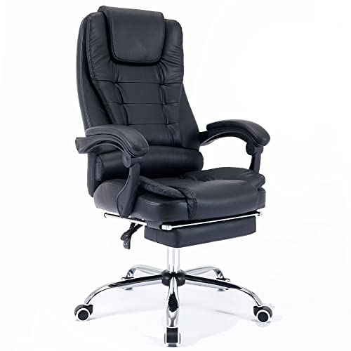 BAKAJI Schreibtischstuhl aus Kunstleder mit Verstellbarer Rückenlehne und Fußstütze, Basis aus Stahl und 5 Rollen, um 360 Grad drehbar, höhenverstellbar, schwarz von BAKAJI