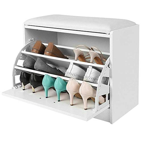 BAKAJI Schuhbank Platzsparender Schuhschrank aus Holz mit Klapptür dreifacher Tiefe und Sitz aus Kunstleder, Maße 60 x 30 x 48 cm (Weiß) von BAKAJI