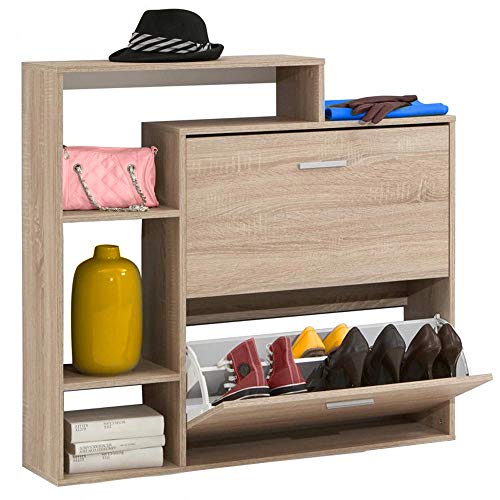 BAKAJI Schuhregal, platzsparend, schmal, mit Regal, Bücherregal, 4 Ablagen aus MDF-Holz, 2 Klapptüren und doppelte Tiefe, Abmessungen 102 x 25 x 98 cm, modernes Design (Eiche) von BAKAJI