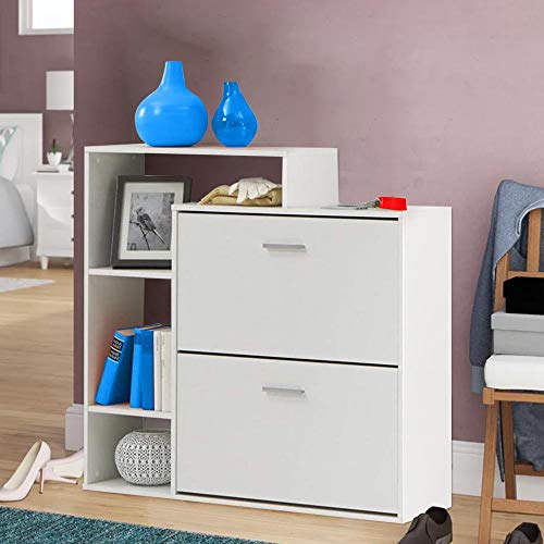 BAKAJI Schuhregal, platzsparend, schmal, mit Regal, Bücherregal, 4 Ablagen aus MDF-Holz, 2 Klapptüren und doppelte Tiefe, Abmessungen 102 x 25 x 98 cm, modernes Design (weiß) von BAKAJI