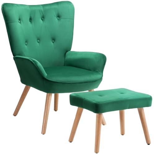 BAKAJI Sessel mit Hocker, Sessel mit Pouf, Fußstütze für Wohnzimmer, gepolsterter Schlafzimmerstuhl mit weichem Samtbezug, hohe Armlehnen, modernes Design (Grün) von BAKAJI