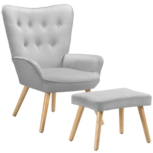 BAKAJI Sessel mit Hocker, Sessel mit Sitzsack, Fußstütze für Wohnzimmer, gepolsterter Schlafzimmerstuhl mit weichem Samtbezug, hohe Armlehnen, modernes Design (Grau) von BAKAJI