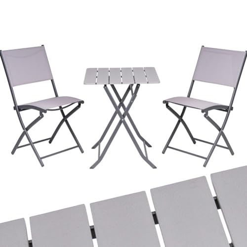 BAKAJI Set Klapptisch mit 2 Stühlen, Bezug aus Textilene, klappbar, mit Stahlgestell und Tisch aus PE in Holzoptik, für Außenbereich, Terrasse, Balkon, UV-beständig (grau) von BAKAJI