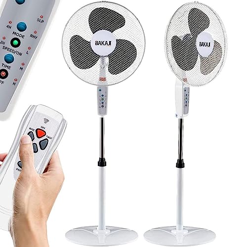 BAKAJI Standventilator, Leistung 50 W, Flügeldurchmesser 40 cm, 3 Geschwindigkeitsstufen, Timer-Funktion, Höhe verstellbar, horizontale Oszillation und Fernbedienung (weiß) von BAKAJI