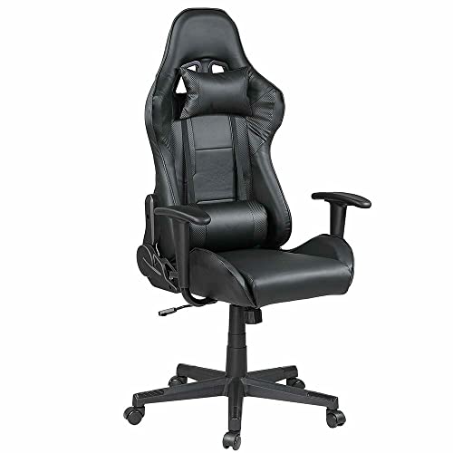 BAKAJI Stuhl für Gaming-Sessel, Schreibtisch, Büro, Kunstleder, neigbar, Rückenlehne, Kissen, Kopfstütze, 360 Grad drehbar, Höhe verstellbar, Basis 5 Rollen (schwarz) von BAKAJI