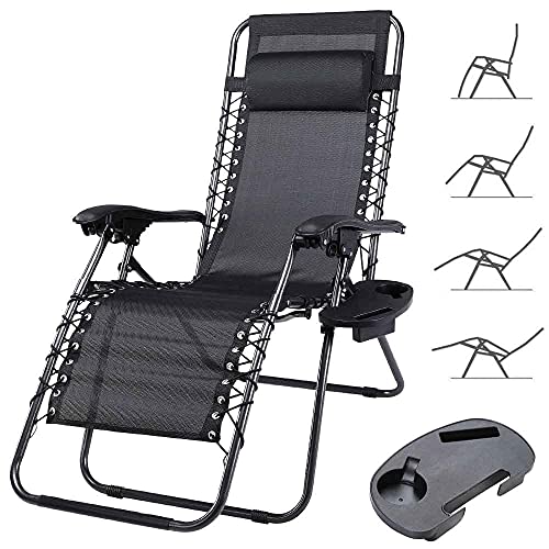 BAKAJI Stuhl Schwerkraft Zero Gartenliege, zusammenklappbar, platzsparend, mit Tablett aus Stahl 22 mm, neigbar, aus Oxford-Stoff, atmungsaktiv, Terrasse, Außenpool (Schwarz) von BAKAJI