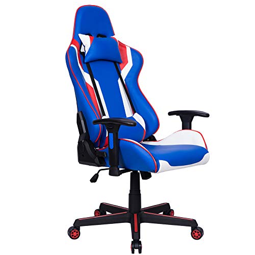 BAKAJI Stuhl für Gaming-Stuhl, Schreibtisch, Büro, aus Kunstleder, verstellbare Rückenlehne, Kissen, Kopfstütze, 360 Grad, drehbar, Höhe verstellbar, 5 Räder (rot/blau) von BAKAJI