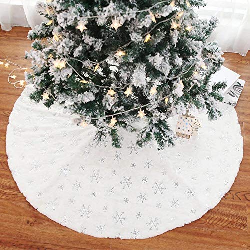 BAKAJI Teppich für Weihnachtsbaum, Durchmesser 78 cm, aus weichem Plüsch, Weiß, Schnee-Effekt mit Schneeflocken-Dekoration, Weihnachtsdekoration (Silber) von BAKAJI