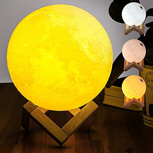 BAKAJI Tischlampe Mondform LED-Licht in bis zu 3 Farben wählbar und Helligkeitseinstellung dimmbar Einschalten Touch Moon Lamp Lithium-Akku USB-Ladegerät mit Holzständer (15 cm) von BAKAJI