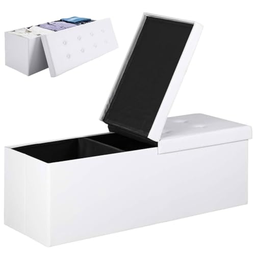 BAKAJI Truhe Pouf Aufbewahrungsbox Fußhocker für Schlafzimmer Bank Hocker Faltbare Struktur Bezug aus Kunstleder Abnehmbarer gepolsterter Sitz Größe 115 x 38 x 40 (Weiß) von BAKAJI