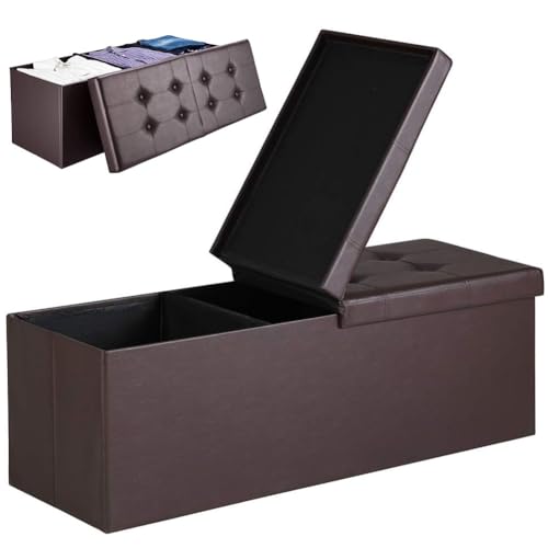 BAKAJI Truhe Pouf Aufbewahrungsbox Fußhocker für Schlafzimmer Bank Hocker Faltbare Struktur Bezug aus Kunstleder Abnehmbarer gepolsterter Sitz Größe 115 x 38 x 40 cm (Braun) von BAKAJI