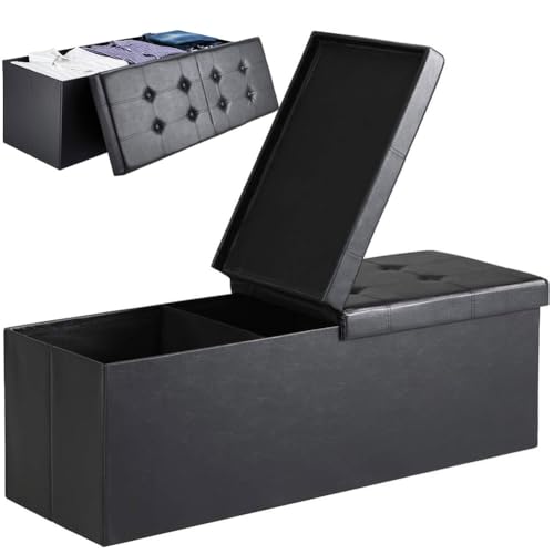 BAKAJI Truhe Pouf Aufbewahrungsbox Fußhocker für Schlafzimmer Bank Hocker Faltbare Struktur Bezug aus Kunstleder Abnehmbarer gepolsterter Sitz Größe 115 x 38 x 40 cm (Schwarz) von BAKAJI