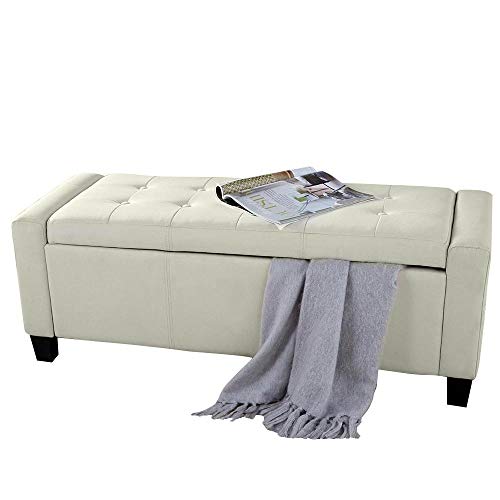 BAKAJI Truhe Pouf Aufbewahrungsbox Fußhocker für Schlafzimmer Sitzbank Hocker mit Holzrahmen Bezug aus Kunstleder Sitzfläche aufklappbar gepolstert Größe: 110 x 40 x 40 cm (Elfenbein) von BAKAJI