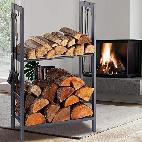 BAKAJI Vertikaler Holzständer aus Metall, Holzregal, 2 Regale für den Innen- und Außenbereich, Holz, Haus, Garten, für Kamin, Ofen, modernes Design (100 x 60 x 30 cm) von BAKAJI