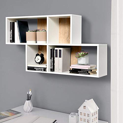 BAKAJI Wandregal, Bücherregal mit 4 Ablagen, Struktur aus MDF-Holz, zweifarbig, Größe 100 x 53 x 19,5 cm, Dekoration für die Wand, Haus und Büro (weiße Eiche) von BAKAJI