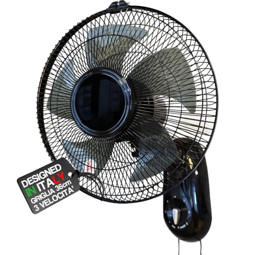 BAKAJI Wandventilator mit Gitter von 36 cm und 3 wählbaren Geschwindigkeitsstufen, Wandkühler mit 5 Flügeln aus Polypropylen, 65 Watt Leistung mit automatischer seitlicher Oszillation von BAKAJI