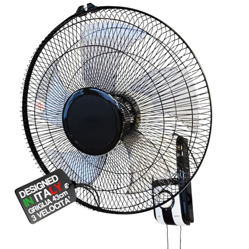 BAKAJI Wandventilator mit Gitter von 43 cm und 3 wählbaren Geschwindigkeitsstufen, Wandkühler mit 5 Flügeln aus Polypropylen, 65 Watt Leistung mit automatischer seitlicher Oszillation von BAKAJI