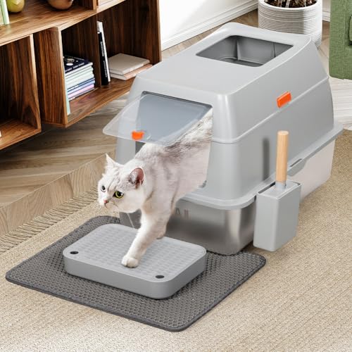 BAKAJI XXL Katzentoilette mit Basis aus Edelstahl 35 Liter und transparenter verschließbarer Tür, Sandkasten, Schaufel mit Behälter und Schmutzmatte 40 x 60 x 39 cm von BAKAJI