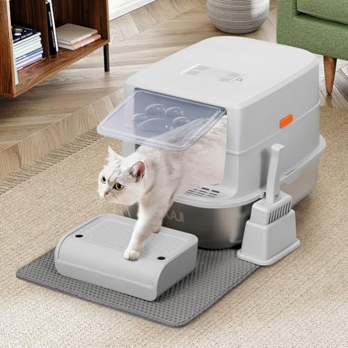 BAKAJI XXL Katzentoilette mit Stahlbasis von 36 Liter und sandabweisender Trittfläche, Aktivkohlefilter, geruchshemmende Tür, transparente Klappe, Schaufel mit Behälter, Schmutzmatte 58 x 42 x 40 cm von BAKAJI