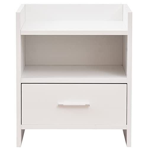 BAKAJI Nachttisch mit 1 Schublade und 2 Ablagefächern, modernes Design, schlankes und robustes Möbelstück, Farbe: Weiß, platzsparend, ideal für Schlafzimmer, Wohnzimmer, Maße Unterschrank 35 x 38 x 45 von BAKAJI