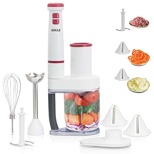 BAKAJI 4-in-1 Stabmixer mit Zubehör Schneebesen, Zerkleinerer, Standmixer aus Stahl, Miniprimer mit Zubehör, elektrischer Gemüseschneider, ergonomischer Griff (4-in-1 (600 W) von BAKAJI