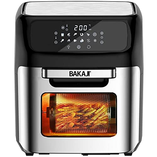 Bakaji Backofen Heißluftfritteuse Fritteuse zum Kochen von trockenem Grill ohne Öl Airfryer Kapazität 12 Liter LED-Touch-Display 12 Programme Timer Temperaturregelung Leistung 1800 W (Silber) von BAKAJI