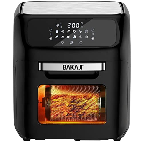 Bakaji Heißluftfritteuse, Kühlschrank, Trockengrill, ohne Öl, Airfryer Fassungsvermögen: 12 l, LED-Touch-Display 12 Programme, Timer-Einstellung, Temperaturregelung, Leistung 1800 W (schwarz) von BAKAJI