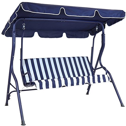 Bakaji Hollywoodschaukel für den Außenbereich, 3-Sitzer, Gestell aus Stahl, mit verstellbarem Dach, wasserdicht, Farbe Blau und Weiß (gestreift), Kissen abnehmbar von BAKAJI