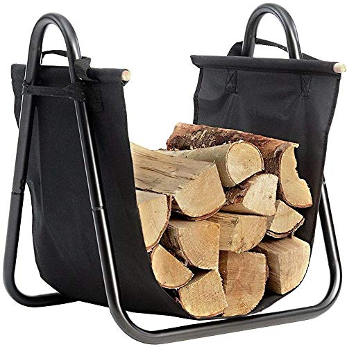 Bakaji Holzkorb aus Metall mit Holzkorb aus Oxford-Stoff für den Innenbereich, für Kamin, Kamin, Ofen, modernes Design, Farbe Schwarz, Größe 40 x 45 x 32 cm (Design 2) von BAKAJI