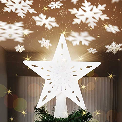 Bakaji Leuchtende Stern-Spitze mit reflektierendem Schneeflocken auf Decke, Höhe 26 cm, Dekoration Weihnachtsbaumspitze, Weihnachtsdekoration mit Glitzer (weiß) von BAKAJI