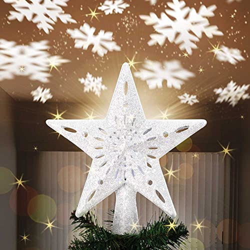 Bakaji Leuchtende Sternspitze mit Spiel Schneeflocken auf reflektierender Decke, Höhe 26 cm, Dekoration Weihnachtsbaumspitze, Weihnachtsdekoration mit Glitzer (Silber) von BAKAJI