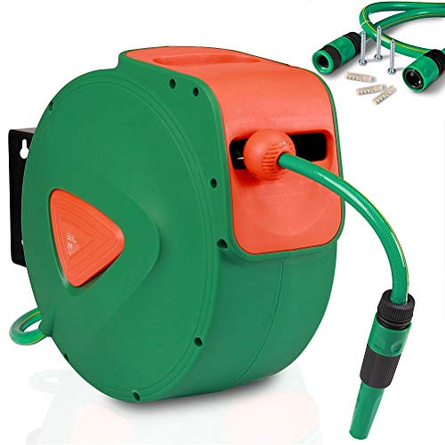 Bakaji Schlauchtrommel 20+2m Gartenschlauch Box 180° Schwenkbar Schlauchaufroller mit automatisches Aufrollen und Wandhalterung für Garten von BAKAJI