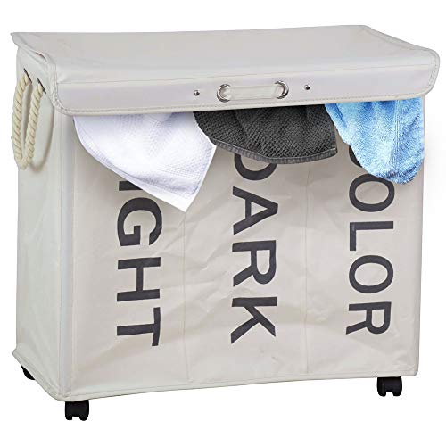 Bakaji Schmutziger Wäschekorb mit 3 Fächern, 3 Fächern, aus Oxford-Stoff, faltbar, mit Rollen und Griffen, Maße 63 x 35 x 57 cm (Creme) von BAKAJI