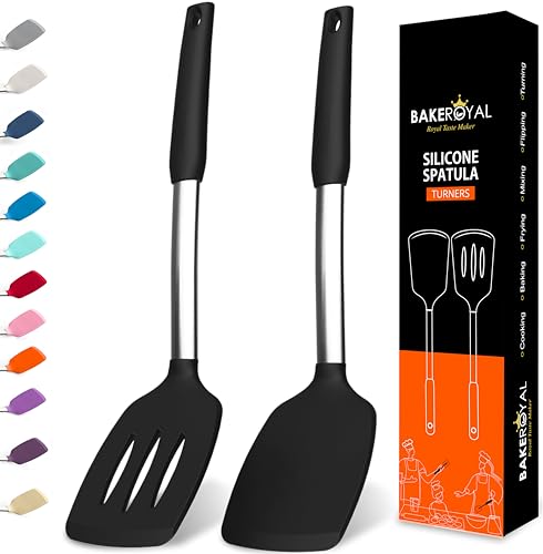 BakeRoyal Silikon-Spatel-Set – Pfannenwender aus Silikon, hitzebeständig 315 °C – Schlitz- und massiver Spatel zum Kochen von Fisch, Eiern, Pfannkuchen Flipper – Spatel für die Küche – Schwarz von BAKEROYAL